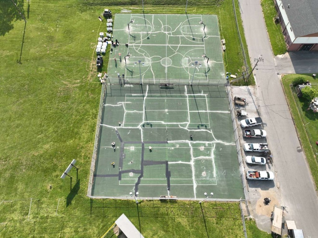 An aerial drone shot shows the beginning of work at the multisport complex. 