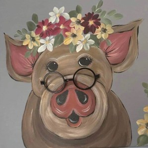 Pictured is a painting of a pig, with glasses and flowers atop its head.