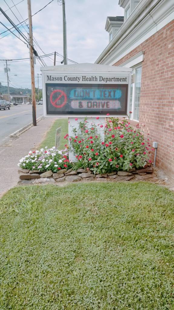 Pictured with a "Business in Bloom" sign, is a decorated flower bed beneath a lighted sign. 