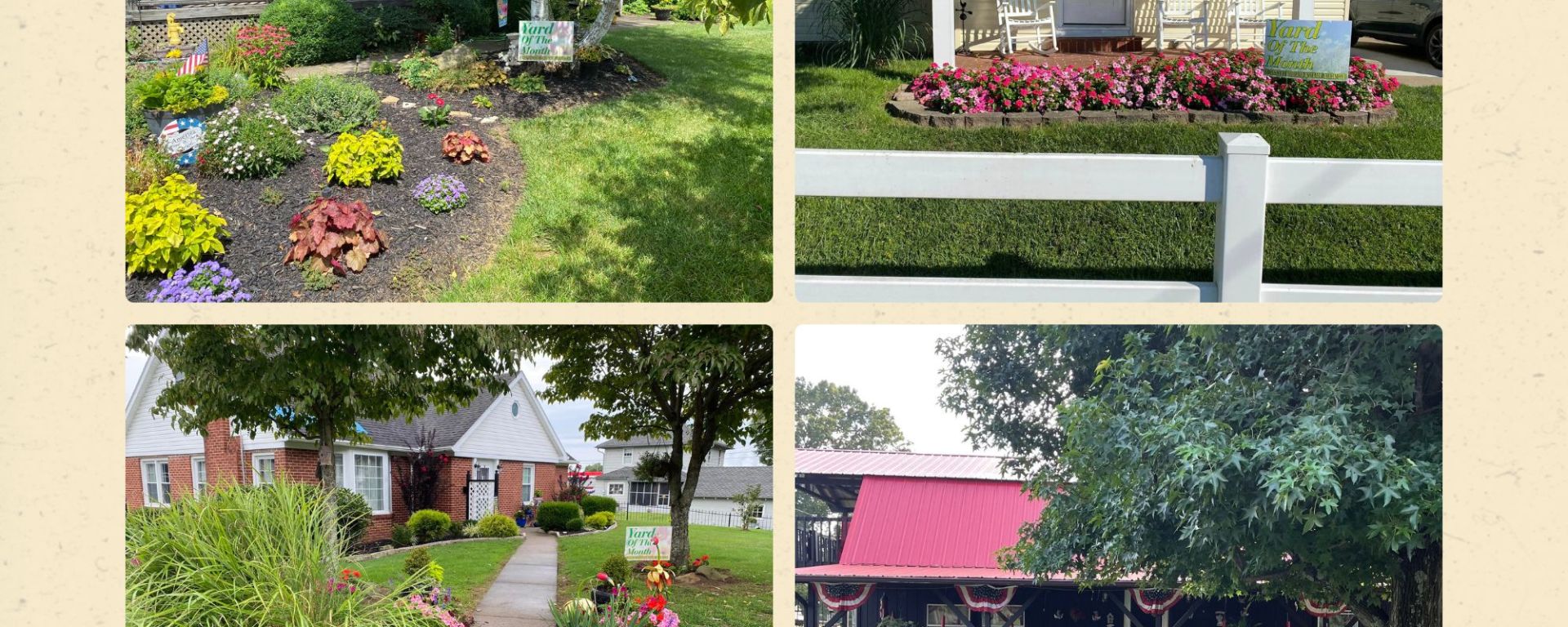 A photo collage of four, summer yards with flowers and landscaping.
