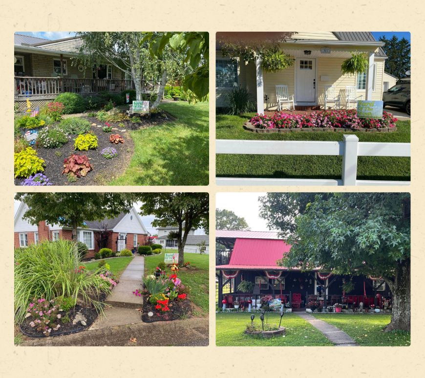 A photo collage of four, summer yards with flowers and landscaping.